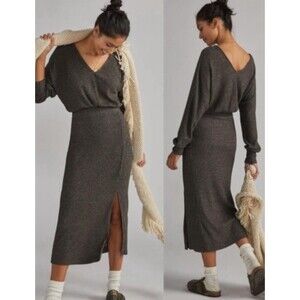Anthropologie Daily Practice Barre Midi VNeck Rib Knit Sweater Gray XL Dress New